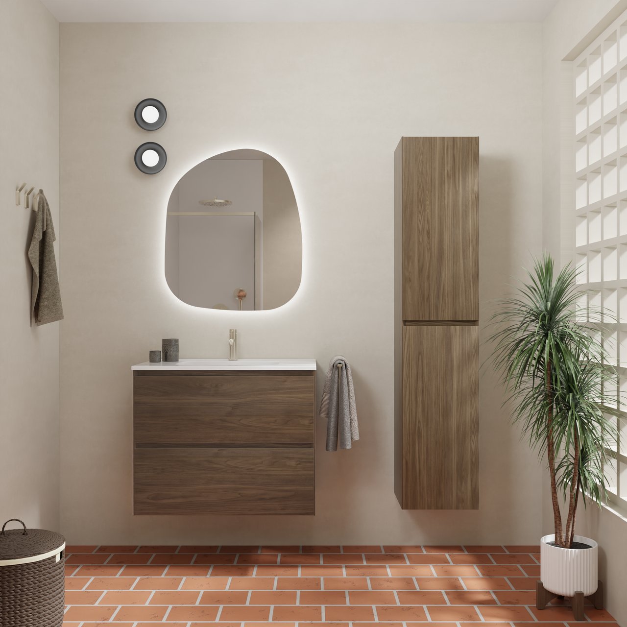 Balmani Mitra Compact hängendes Möbelstück Set: 80 x 46 cm, Amerikanischer Nussbaum, mit Nostra Einzelwaschtisch Keramik Weiβ glänzend