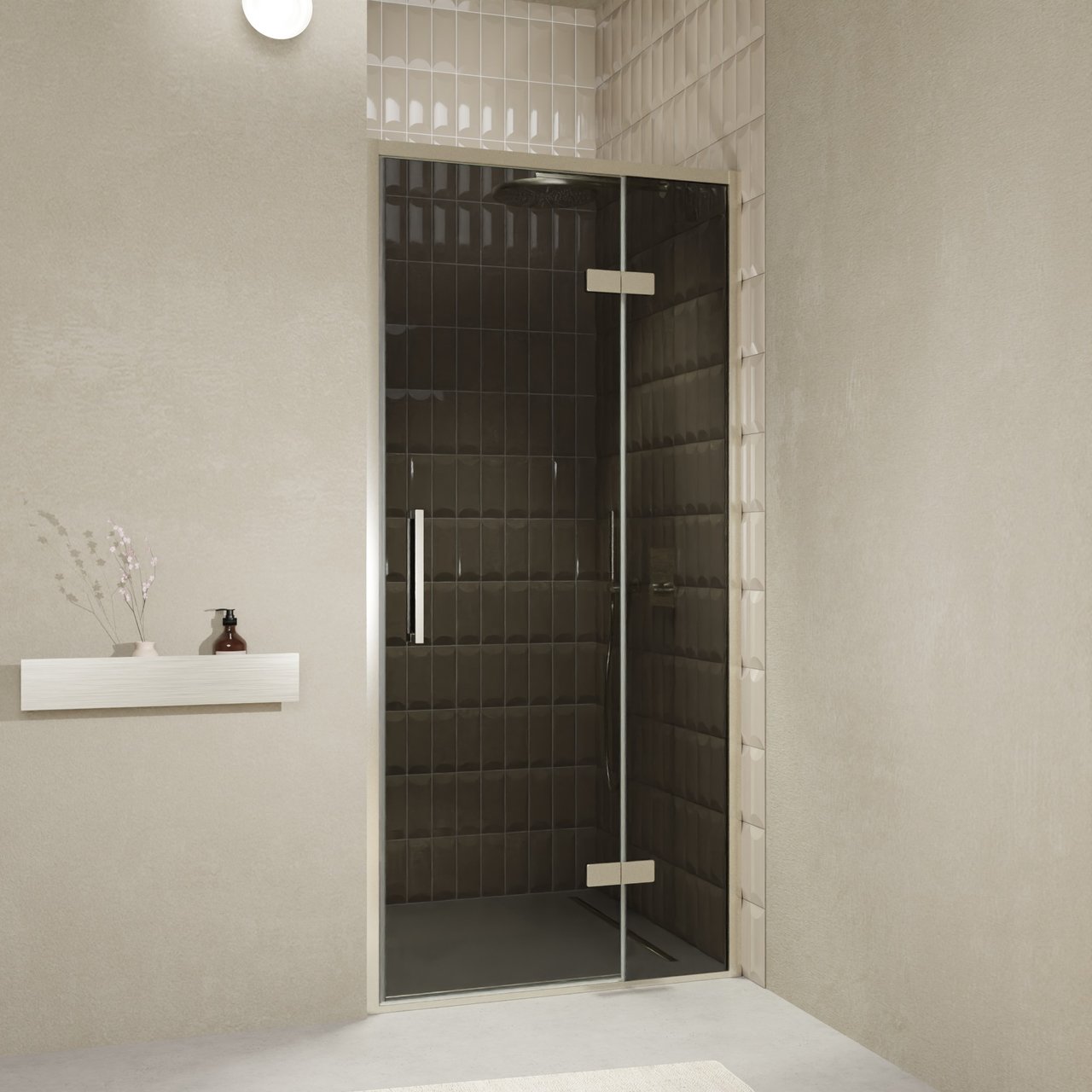 Balmani Senses Design Dusche Drehtür, Rechts, 100 cm x 210 cm, Rauchglas, Profil Brushed CoolMetal