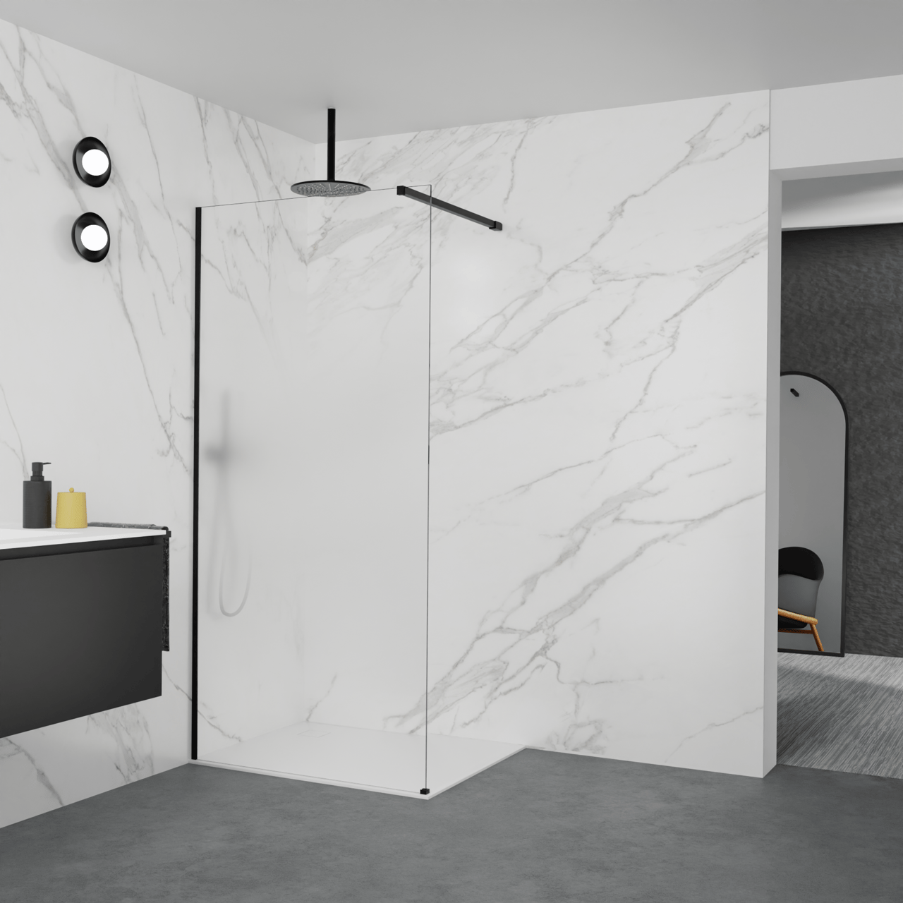Balmani Modular douche à l'italienne: 100 x 200 cm, Permafrost, avec coating, Profil Noir mat