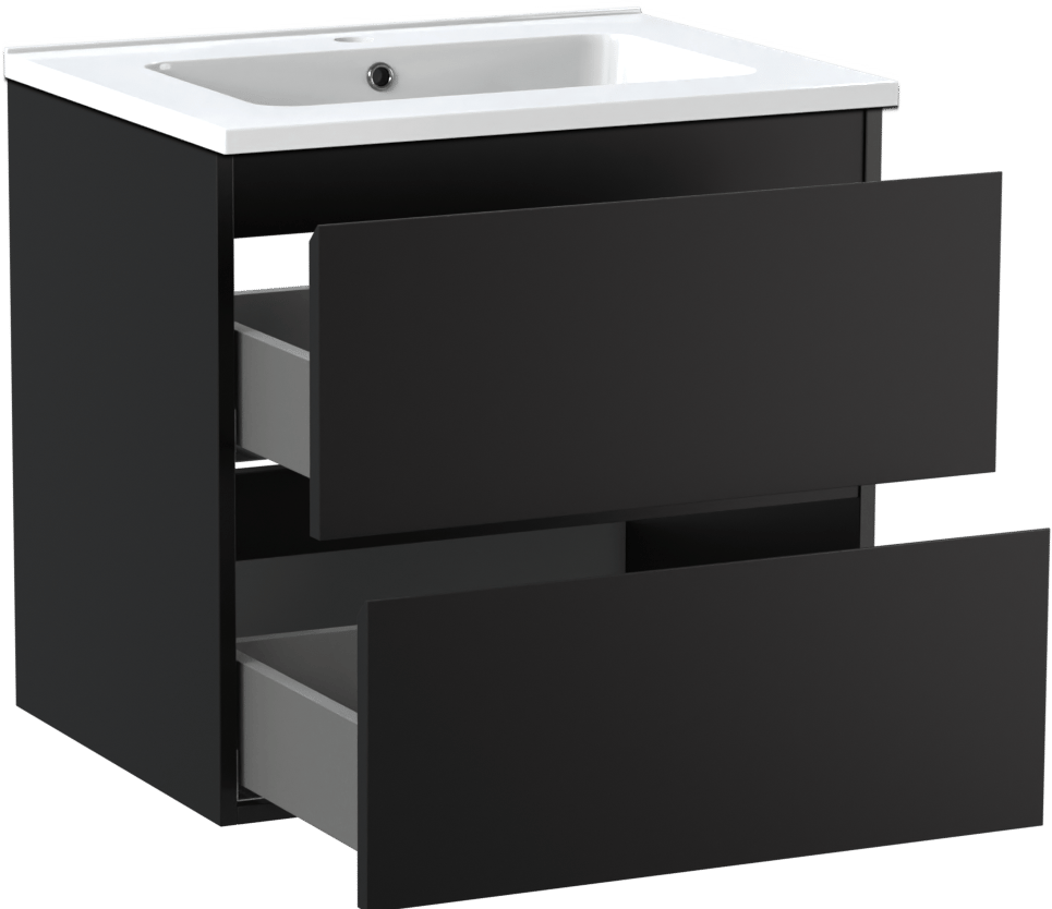 Linie Lado zwevend badmeubel 60 x 46 cm mat zwart met Vano enkele wastafel in composietmarmer hoogglans wit