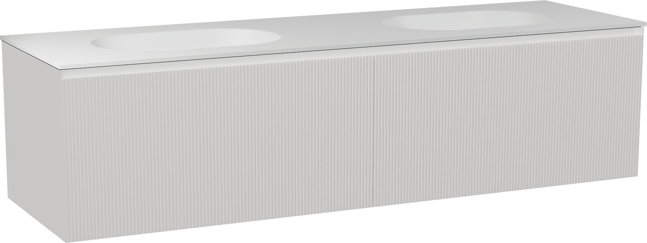 Balmani Fila hängendes Möbelstück Set: 180 x 55 cm, Weiß matt, mit Tablo Oval Doppelwaschtisch, Solid Surface, Weiß matt, Vertikale symmetrische gerade Rippe
