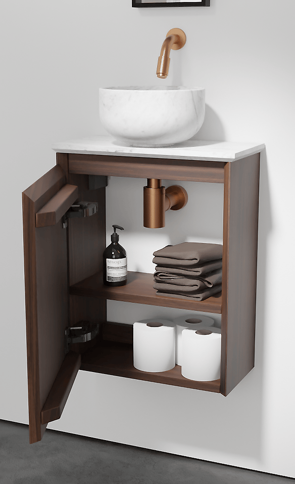 Balmani Mitra zwevend toiletmeubel 42 x 21 cm amerikaanse notelaar met Facetta tablet en Bowl waskom in Carrara marmer