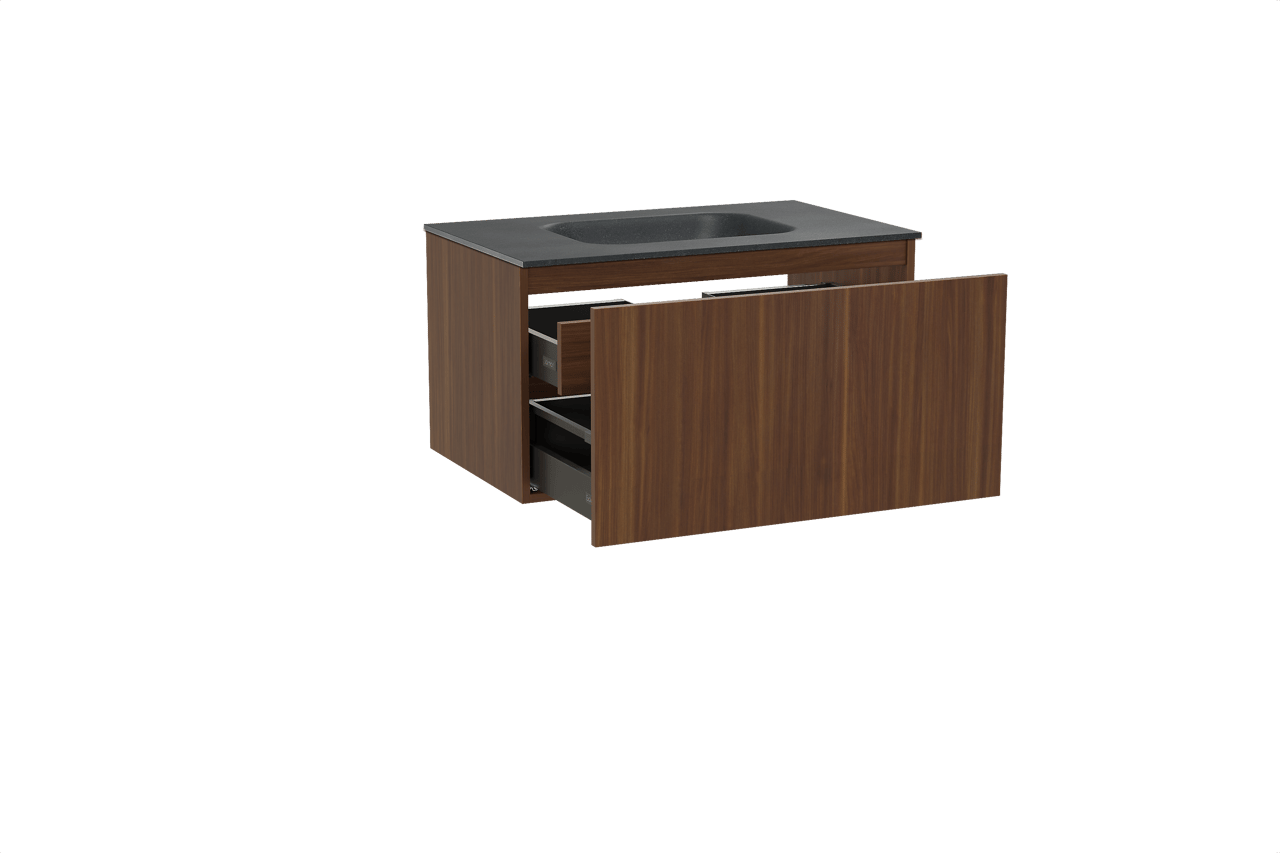 Balmani Sfera hängendes Möbelstück Set: 90 x 55 cm, Amerikanischer Nussbaum, mit Tablo Arcato Einzelwaschtisch, Schwarzes Granit