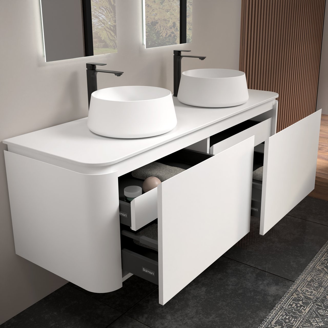 Balmani Moon hängendes Möbelstück Set: 160 x 55 cm, Weiß matt, mit Moon Einzel- oder Doppel Waschtischplatte, Solid Surface Weiß matt