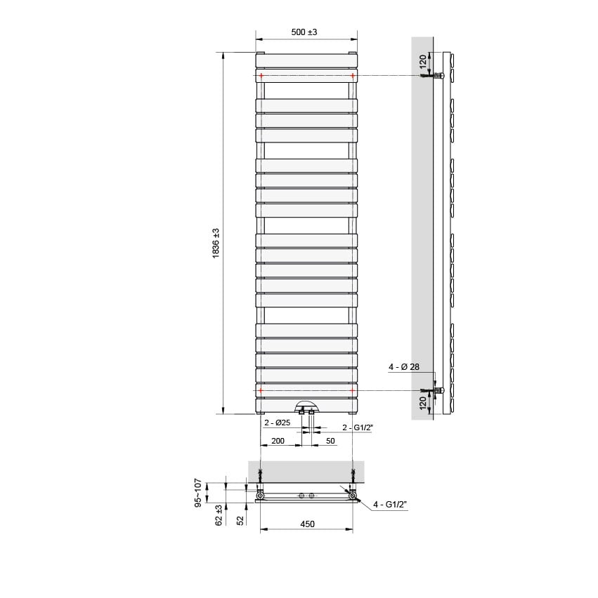UNIQUEMENT POUR ALLEMAGNE - Vipera Vulcan sèche-serviettes simple 50 x 180 cm chauffage électrique blanc mat raccordements latéral et central possibles 1.049W, résistance incluse