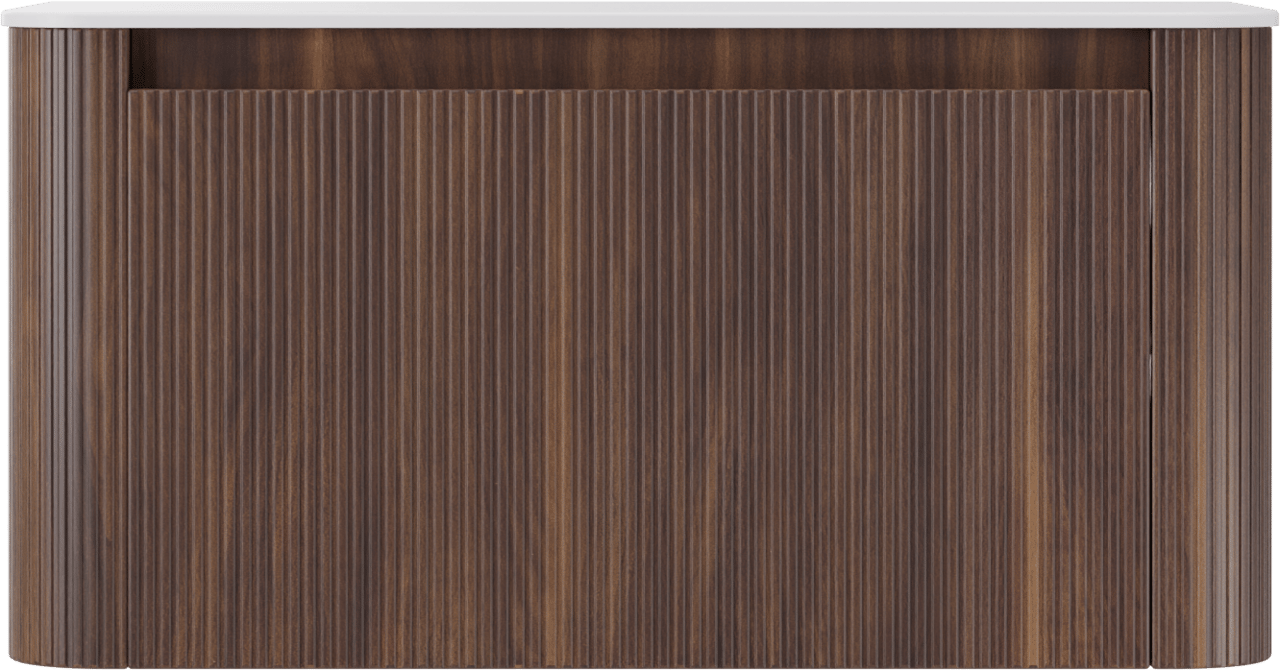 Storke Soft meuble salle de bains suspendu 100 x 46 cm noyer avec Tavola Soft tablette simple en Solid Surface blanc mat, Nervure droite symétrique verticale
