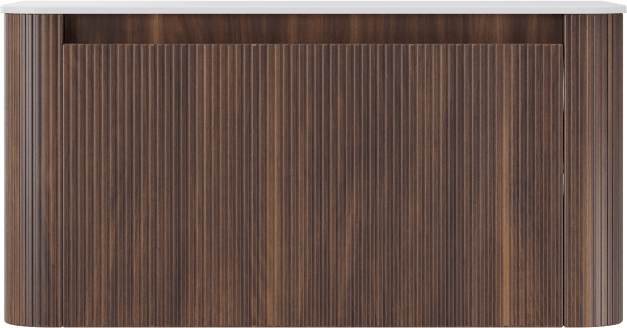 Storke Soft zwevend badkamermeubel 100 x 46 cm notelaar met Tavola Soft enkele tablet in solid surface mat wit, Verticale symmetrische rechte ribbel