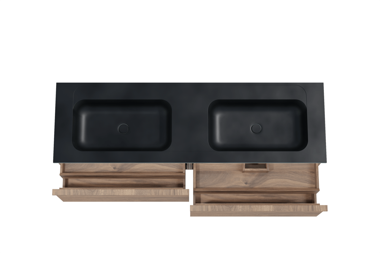 Balmani Forma meuble salle de bains suspendu 180 x 55 cm noyer américain avec Tablo Strada double vasque en marbre composite noir mat, Nervure droite symétrique horizontale