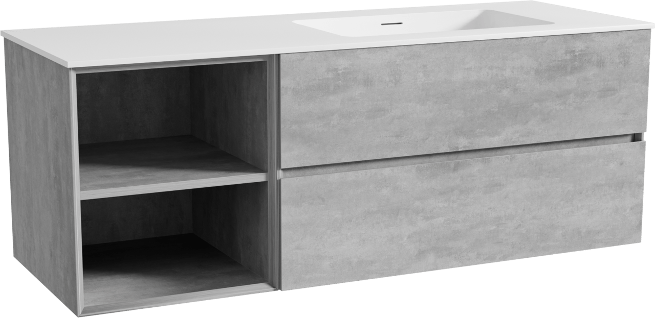 Storke Edge zwevend badmeubel 140 x 52 cm beton donkergrijs met Mata asymmetrisch rechtse wastafel in solid surface mat wit