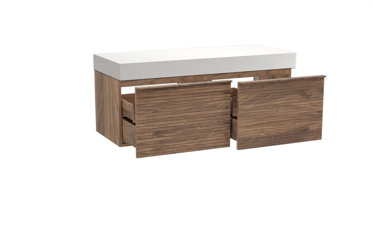 Balmani Forma hängendes Möbelstück Set: 135 x 55 cm, Amerikanischer Nussbaum, mit Dominus Einzel- oder Doppel Waschtischplatte, Solid Surface, Weiß matt, Horizontale symmetrische gerade Rippe