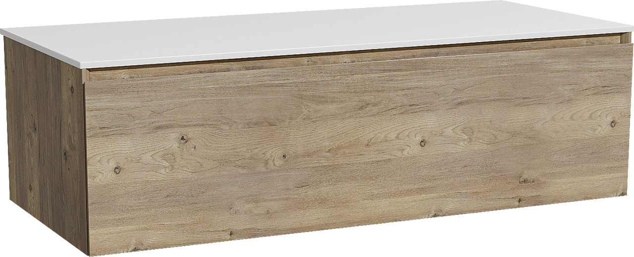 Storke Edge meuble salle de bains suspendu 120 x 52 cm chêne brut avec Tavola tablette simple ou double en solid surface blanc mat