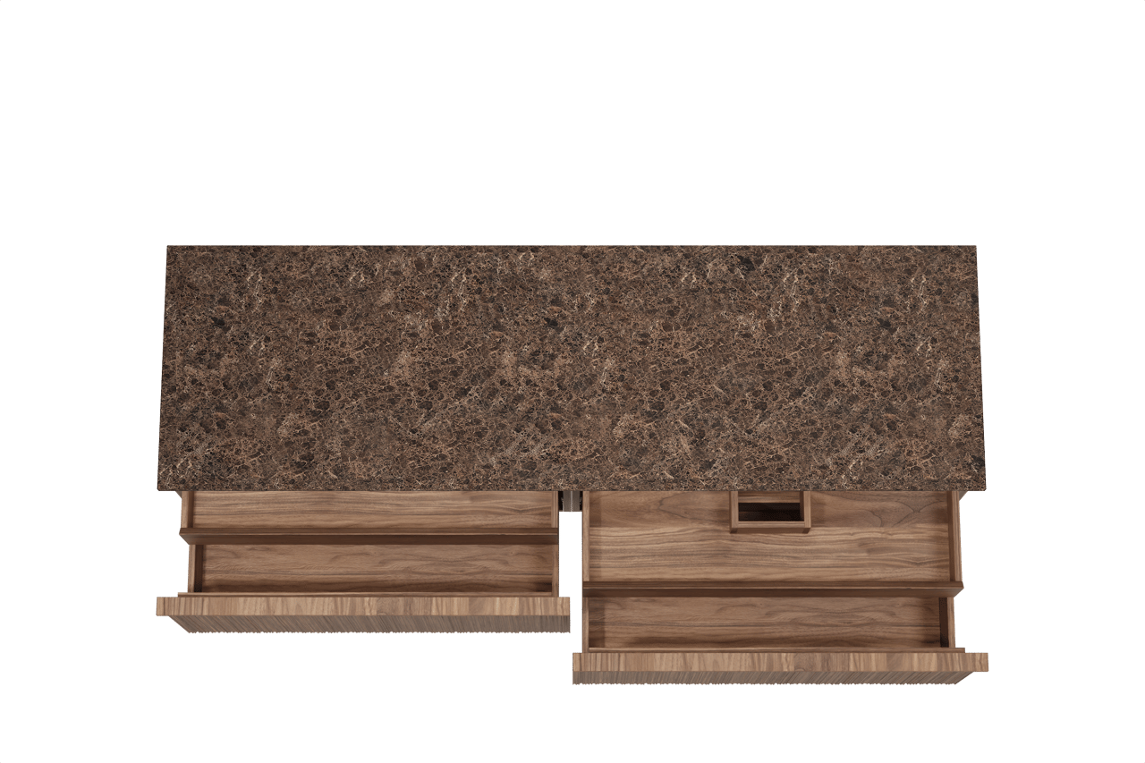 Balmani Forma hängendes Möbelstück Set: 180 x 55 cm, Amerikanischer Nussbaum, mit Stretto Einzel- oder Doppel Waschtischplatte, Marmor, Dark Emperador, Vertikale asymmetrische Runde Rippe