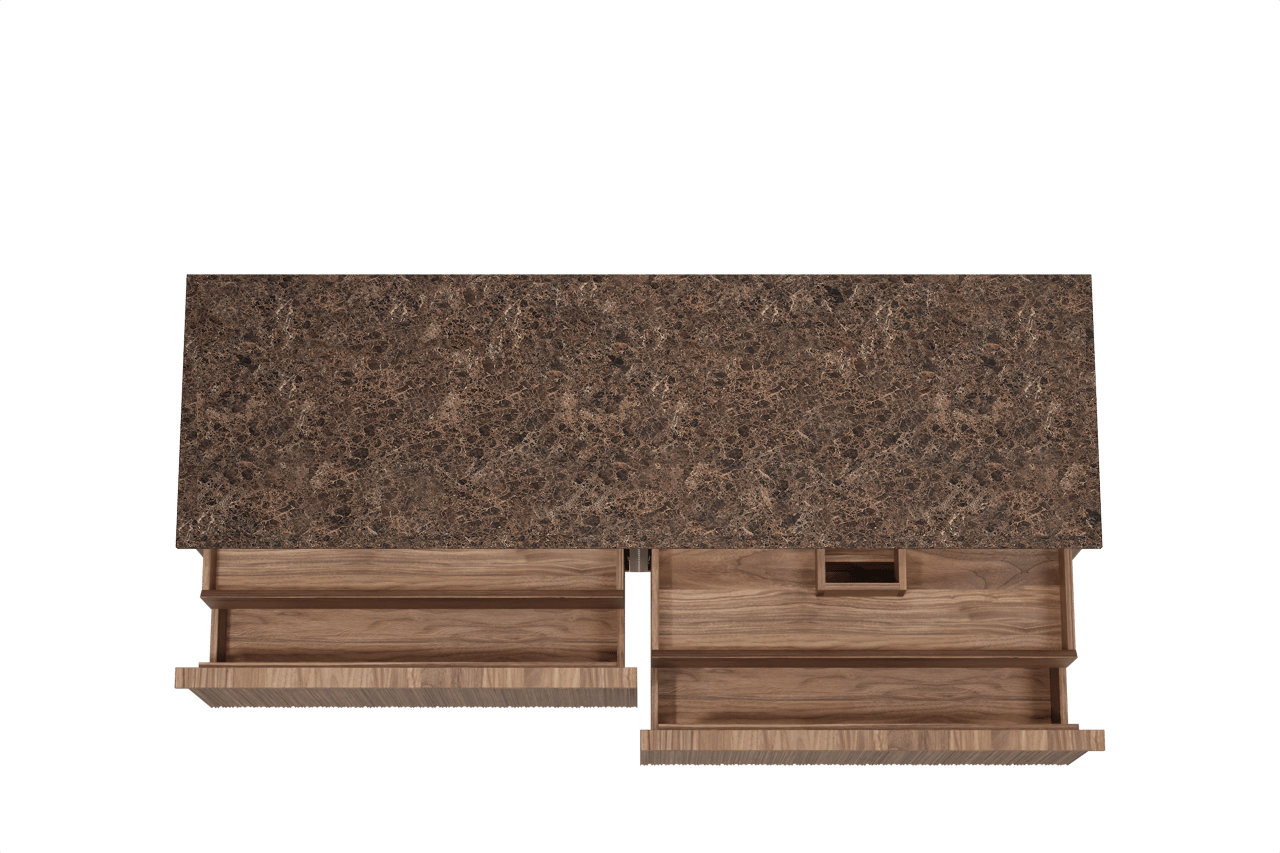 Balmani Forma zwevend badkamermeubel 180 x 55 cm amerikaanse notelaar met Stretto enkel of dubbel tablet in marmer dark emperador, Verticale asymmetrische ronde ribbel