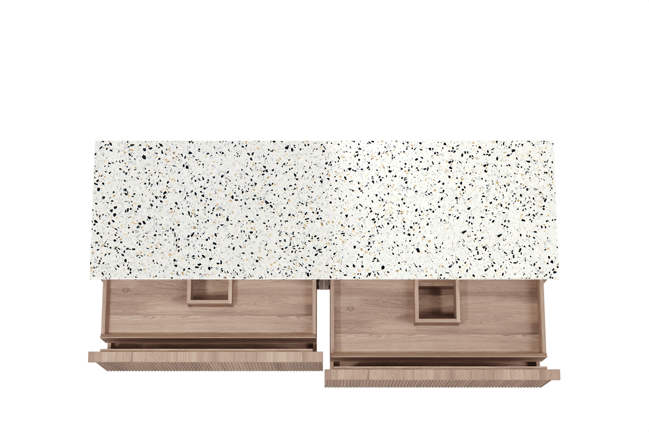 Balmani Forma zwevend badkamermeubel 180 x 55 cm teak met Stretto enkel of dubbel tablet in mat wit/zwart terrazzo, Verticale symmetrische rechte ribbel