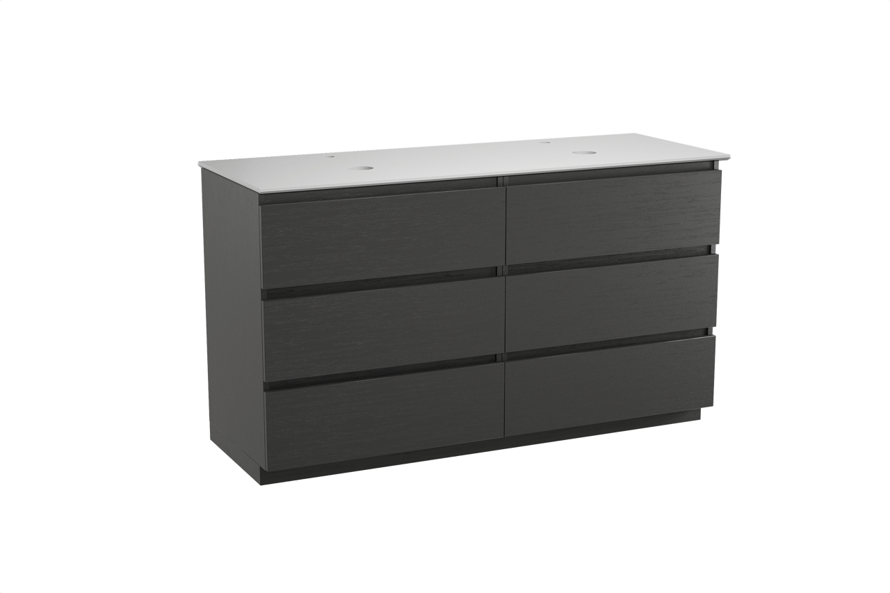 Balmani Lucida freistehendes Möbelstück Set: 150 x 55 cm, Schwarze Eiche, mit Facetta Doppel Waschtischplatte, Solid Surface Weiß matt