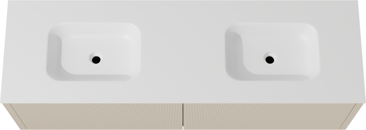 Balmani Eclips hängendes Möbelstück Set: 180 x 55 cm, Sandbeige, mit Tablo Arcato Doppelwaschtisch Solid Surface Weiβ matt, Vertikale symmetrische gerade Rippe