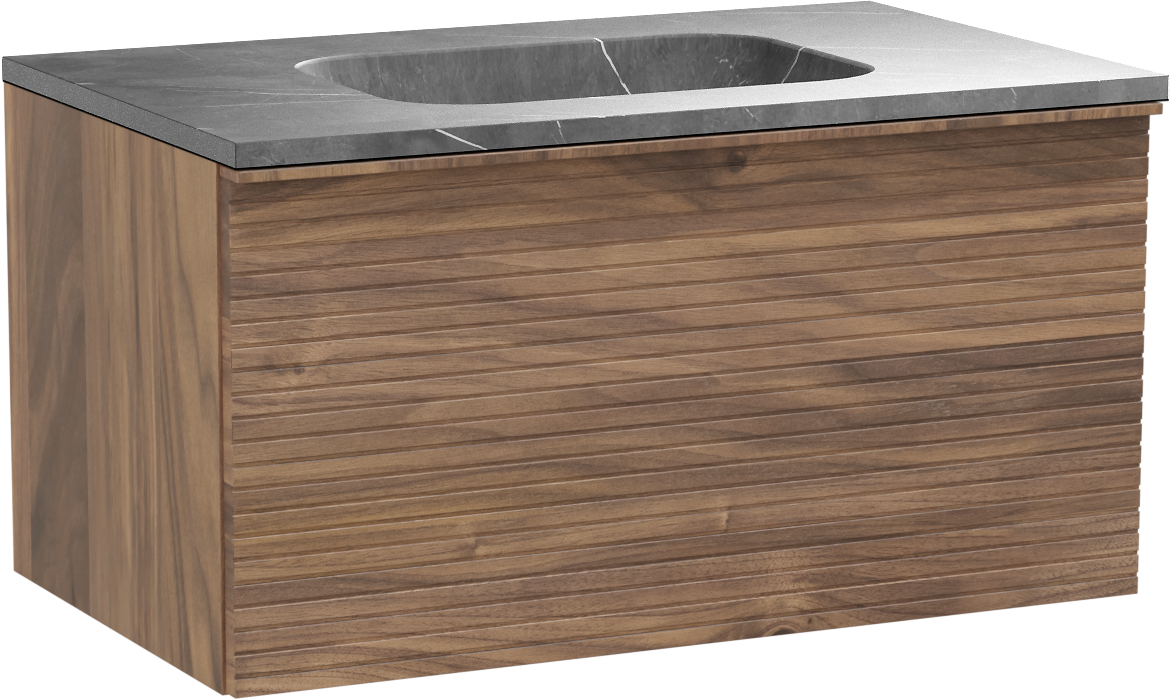 Balmani Forma meuble salle de bains suspendu 90 x 55 cm noyer américain avec Tablo Arcato plan simple en marbre pietra grey, Nervure droite symétrique horizontale