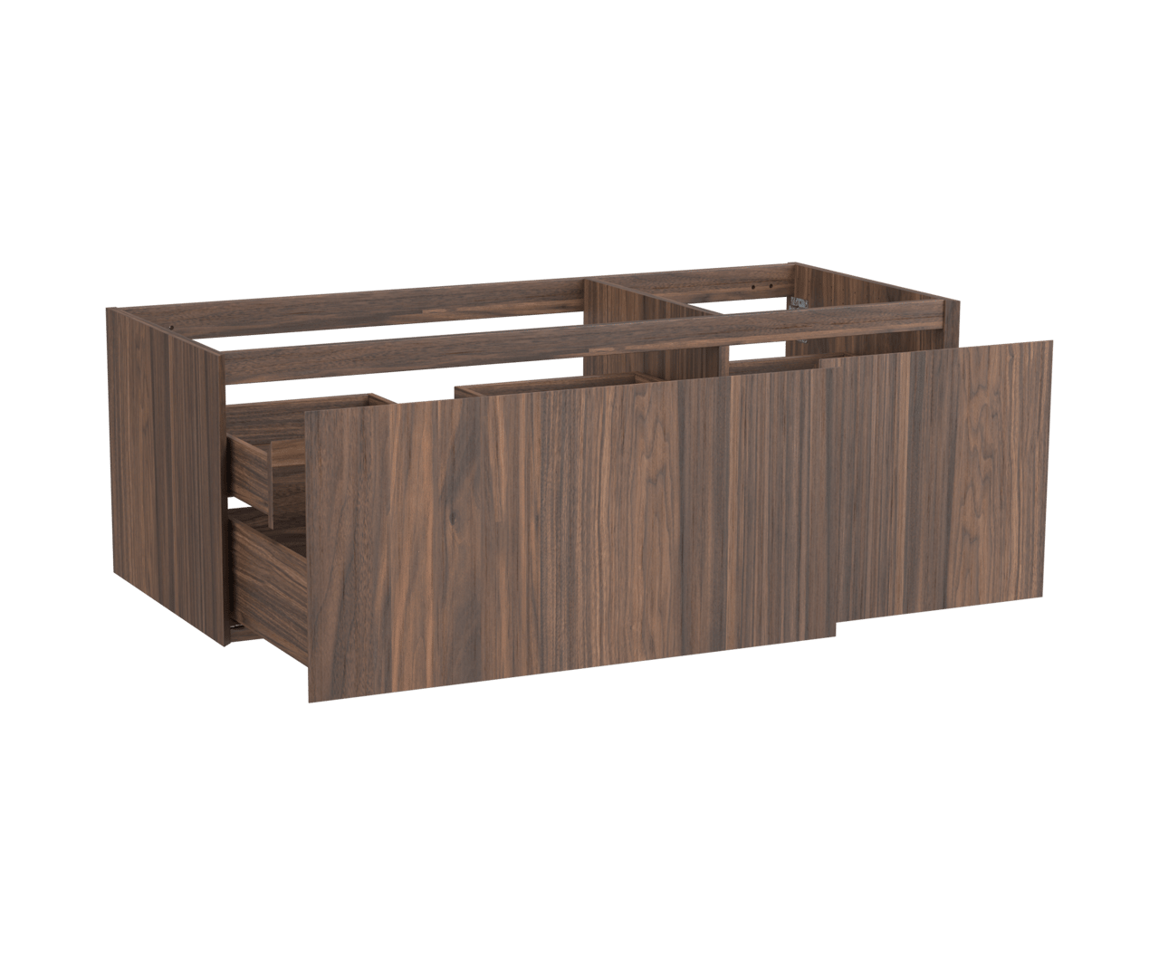 Balmani Idra hängender Waschbeckenunterschrank: 135 x 55 cm, asymmetrisch links, Nussbaum, Furnierholz, 4 Schubladen