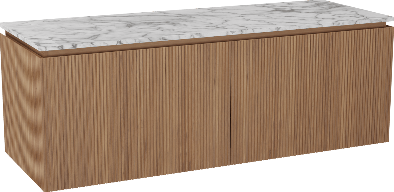 Balmani Eclips hängendes Möbelstück Set: 150 x 55 cm, Teak, mit Stretto Einzel- oder Doppel Waschtischplatte Carrara-Marmor, Vertikale symmetrische gerade Rippe