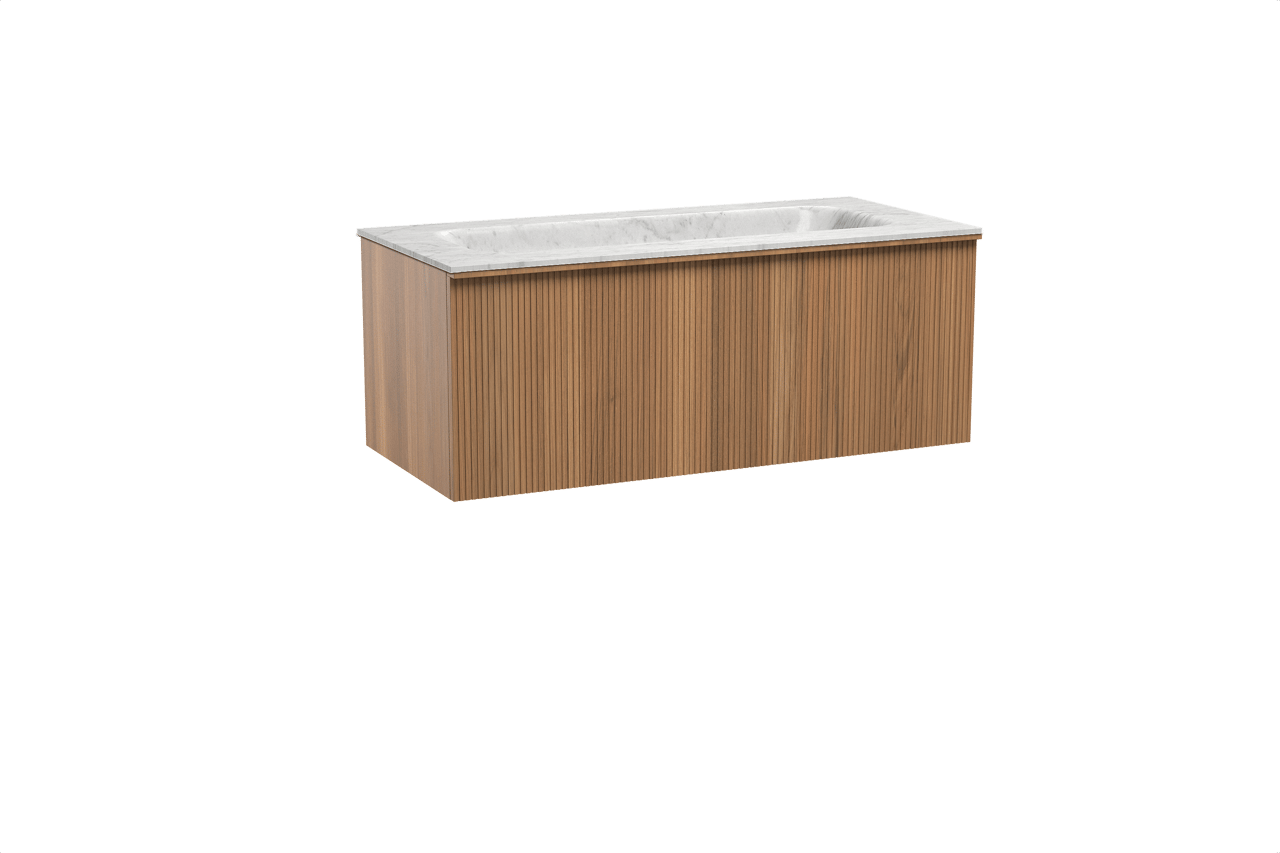 Balmani Forma zwevend badkamermeubel 120 x 55 cm teak met Tablo Arcato enkele wastafel in marmer carrara, Verticale symmetrische rechte ribbel