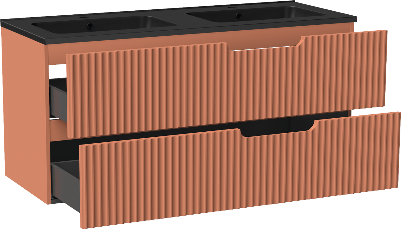 Linie Ribbo zwevend badmeubel 120 x 46 cm cotto met Vano dubbele wastafel in composietmarmer mat zwart, Verticale symmetrische ronde ribbel