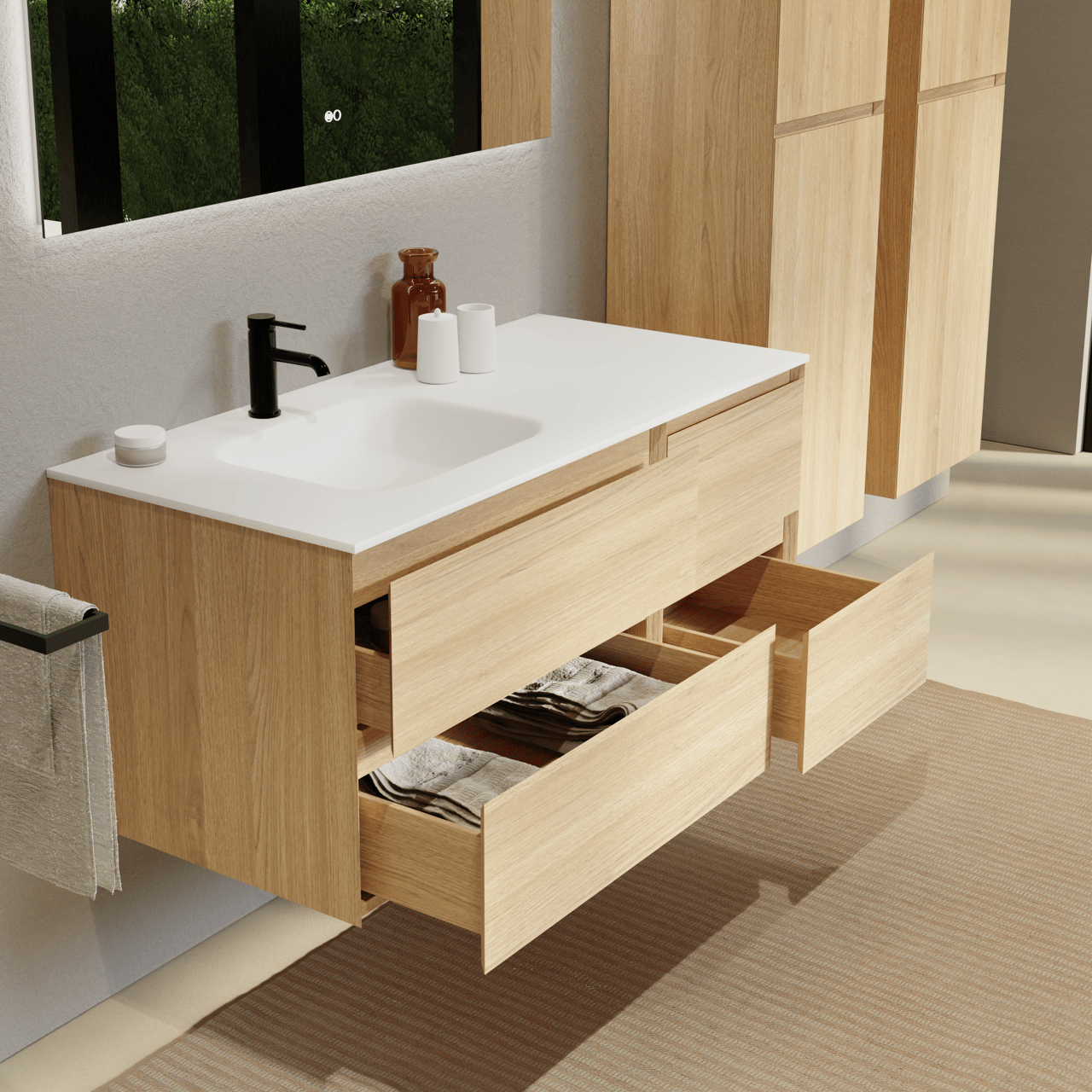 Balmani Mitra hängendes Möbelstück Set: 120 x 55 cm, Naturbelassene Eiche, mit Tablo Arcato Waschtisch links, Solid Surface Weiß matt