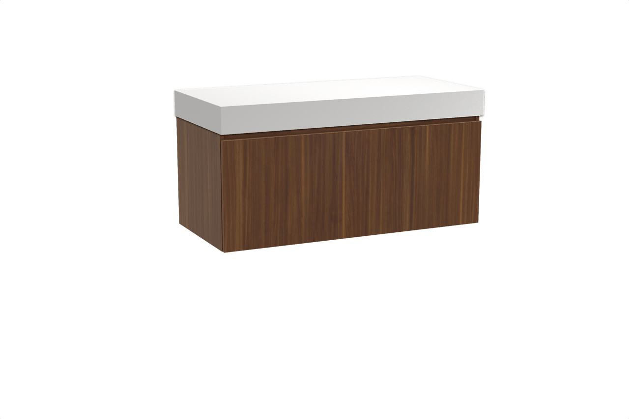 Balmani Sfera hängendes Möbelstück Set: 120 x 55 cm, Amerikanischer Nussbaum, mit Dominus Einzel- oder Doppel Waschtischplatte, Solid Surface Weiß matt