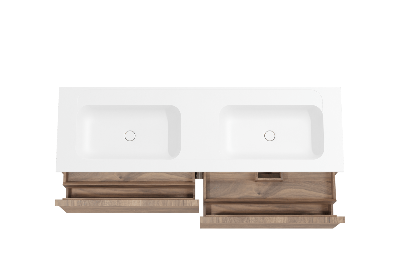 Balmani Forma hängendes Möbelstück Set: 180 x 55 cm, Amerikanischer Nussbaum, mit Tablo Strada Doppelwaschtisch, Marmorkomposit, Weiß matt, Horizontale symmetrische gerade Rippe