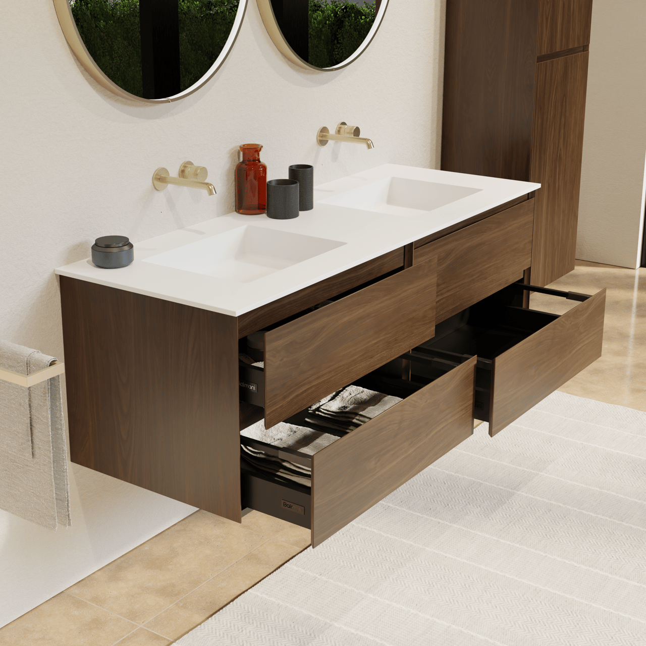 Balmani Mitra zwevend badkamermeubel 150 x 55 cm amerikaanse notelaar met Tablo Stretto dubbele wastafel in solid surface mat wit