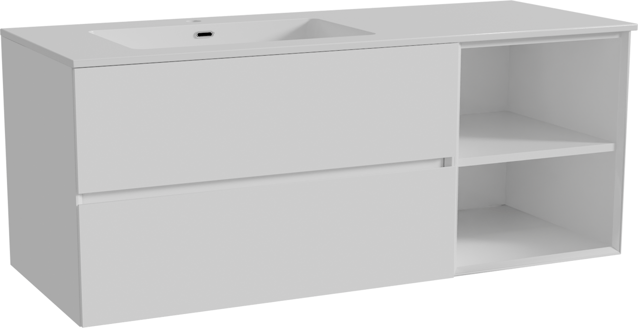 Storke Edge zwevend badmeubel 130 x 52 cm hoogglans wit met Diva asymmetrisch linkse wastafel in composietmarmer hoogglans wit