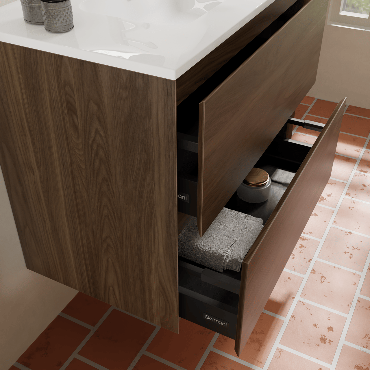 Balmani Mitra Compact zwevend badkamermeubel 100 x 46 cm Amerikaanse notelaar met Nostra enkele wastafel in porselein glanzend wit