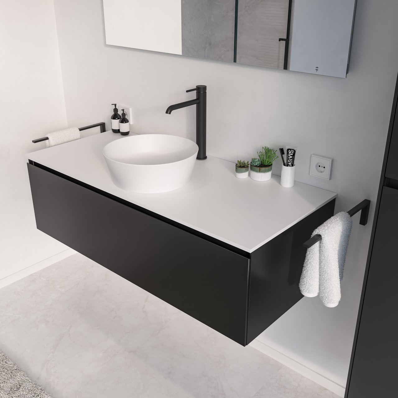 Storke Edge hängender Waschbeckenunterschrank: 120 x 52 cm, Schwarz matt, 1 Schublade, 2 Siphonaussparungen