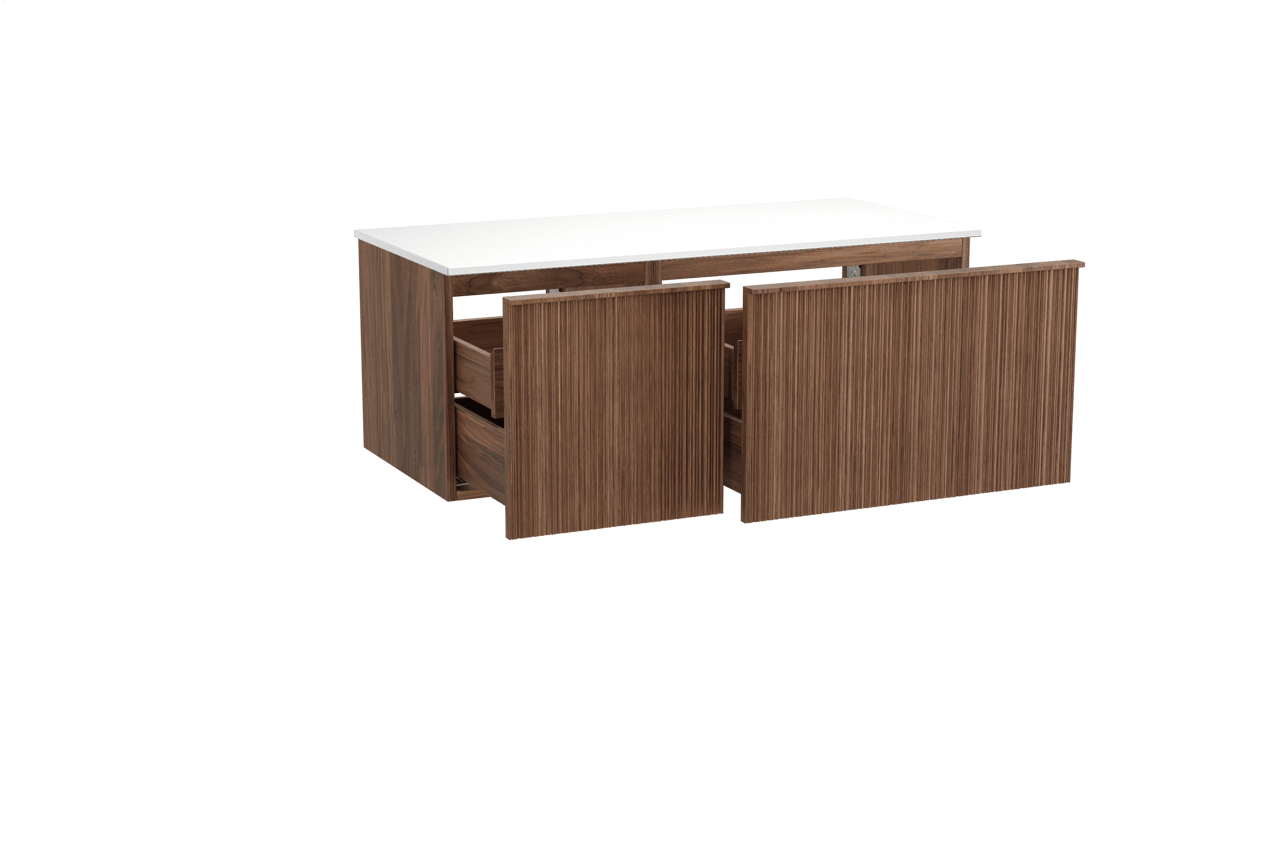 Balmani Forma zwevend badmeubel 120 x 55 cm amerikaans notenhout met Stretto enkel of dubbel wastafelblad in solid surface mat wit, Verticale asymmetrische ronde ribbel