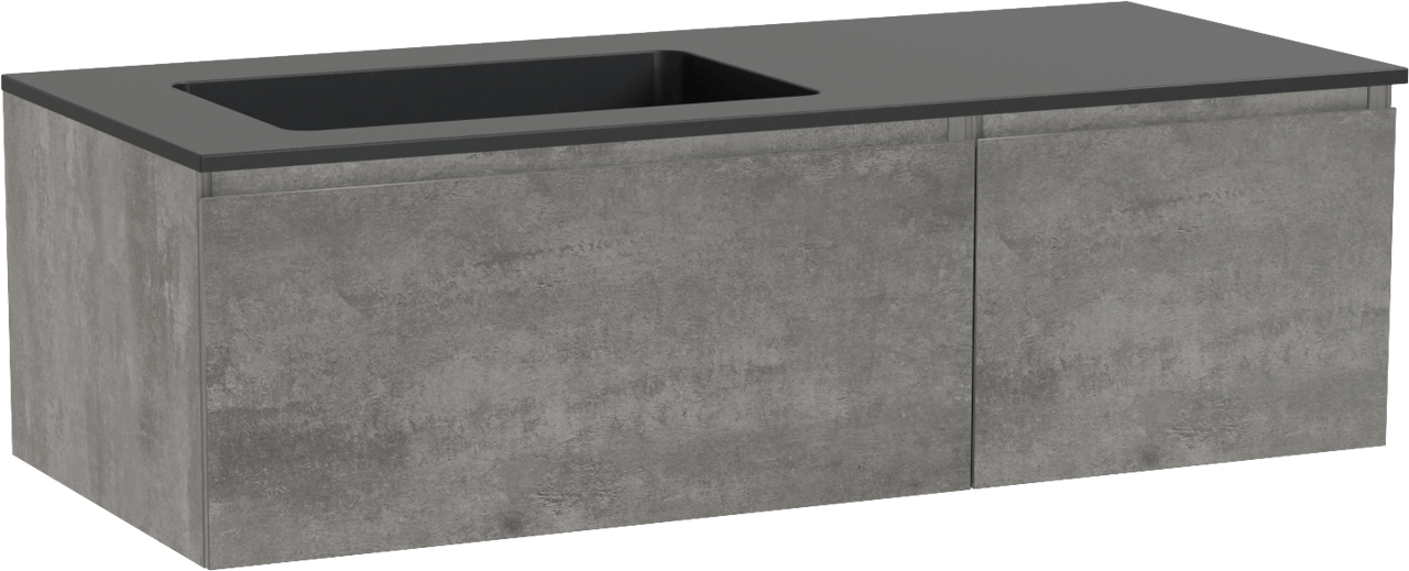 Storke Edge meuble salle de bains suspendu 120 x 52 cm béton gris foncé avec Scuro vasque asymétrique gauche en quartz noir mat