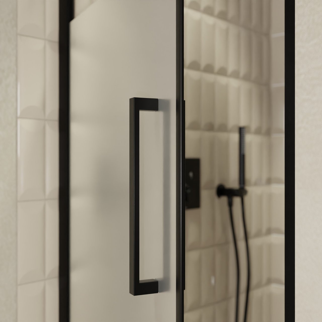 Balmani Senses Design porte pivotante à gauche 90 cm x 210 cm verre transparent avec bande matte, Profil noir, coating inclus