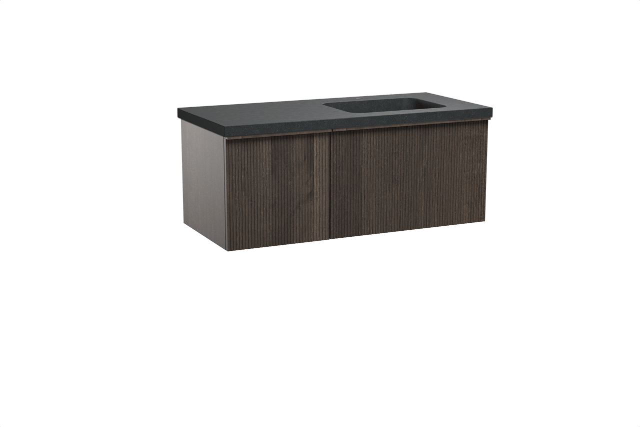 Balmani Forma meuble salle de bains suspendu 120 x 55 cm chêne fumé avec Napoli vasque asymétrique droite en granit noir, Nervure droite symétrique verticale