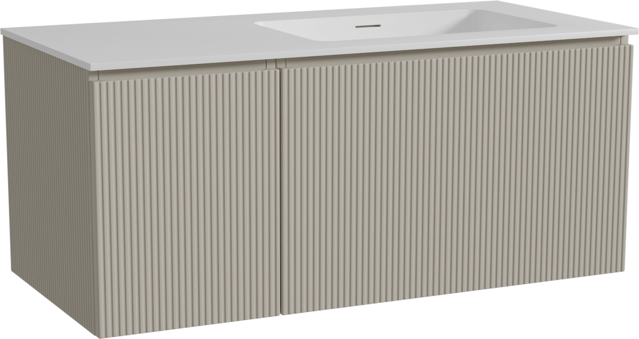 Storke Ribs zwevend badmeubel 110 x 52 cm zijdegrijs met Mata asymmetrisch rechtse wastafel in solid surface mat wit, Verticale symmetrische rechte ribbel