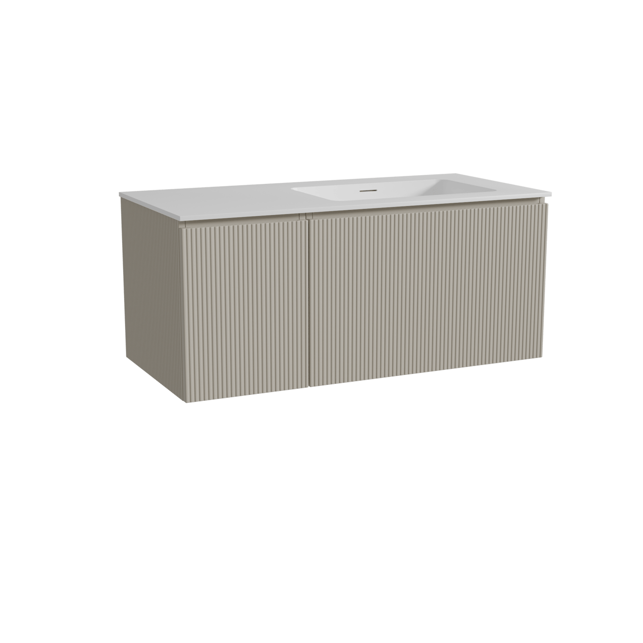 Storke Ribs hängendes Möbelstück Set: 110 x 52 cm, Seidengrau, mit Mata Waschtisch rechts, Solid Surface, Weiß matt, Vertikale symmetrische gerade Rippe