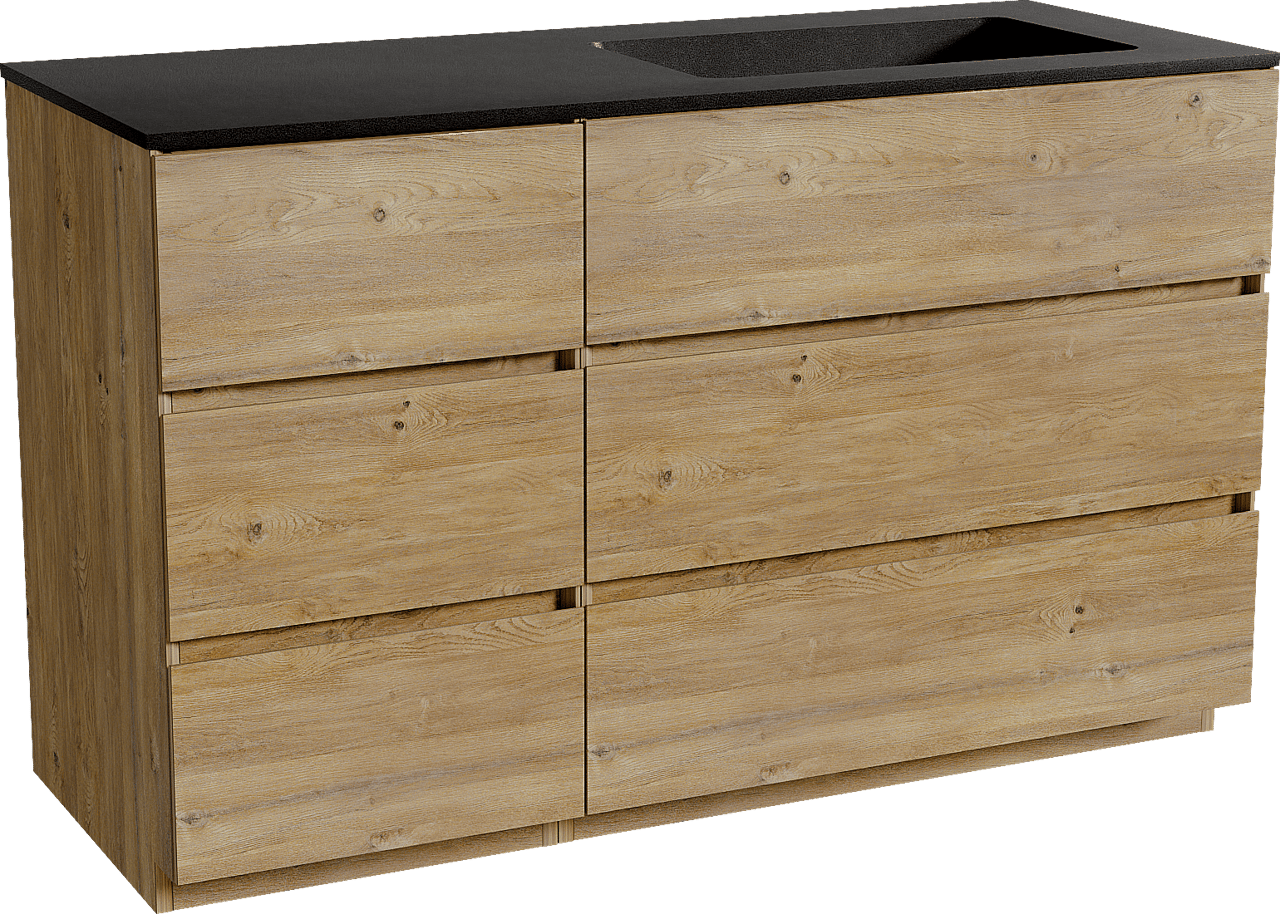 Storke Edge staand badmeubel 130 x 52 cm ruw eiken met Scuro asymmetrisch rechtse wastafel in kwarts mat zwart