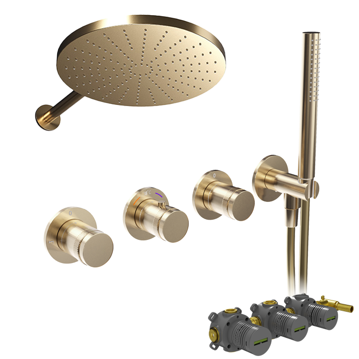 Blaufoss Pavilion thermostatische kraan Inbouw regendoucheset met regendouchekop 30 cm Brushed Champagne Gold