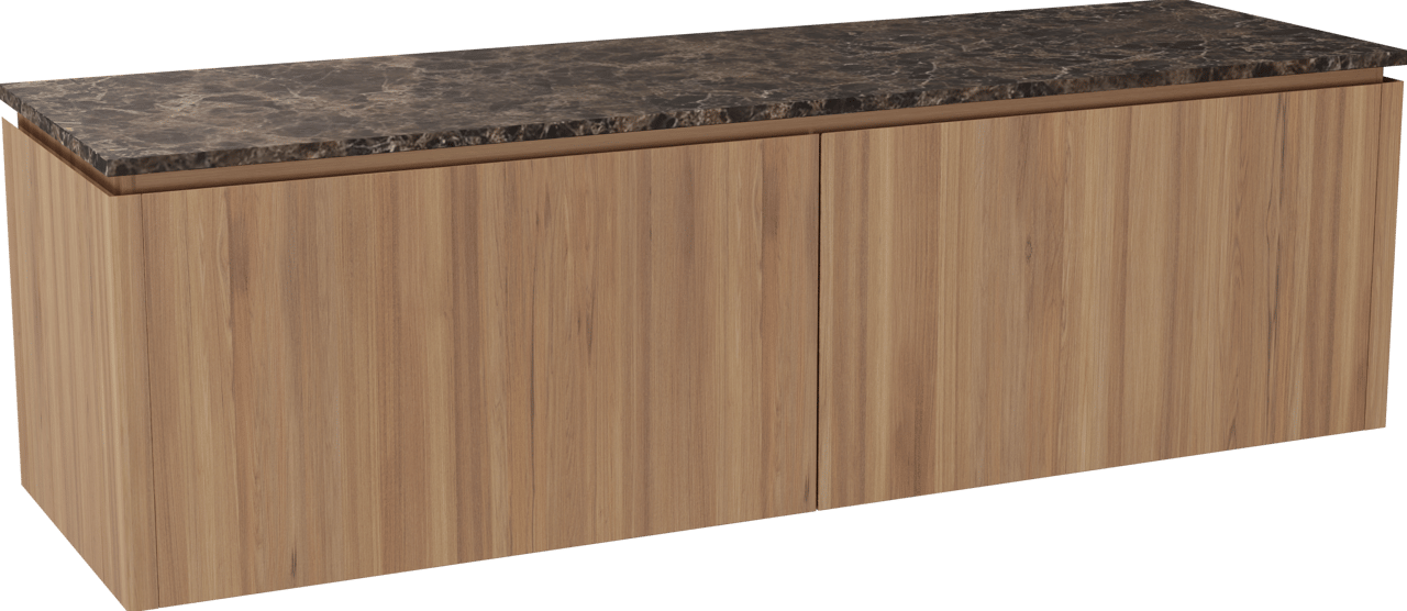 Balmani Eclips meuble salle de bains suspendu 180 x 55 cm Teck avec Stretto tablette simple ou double vasque en Dark Emperador marbre