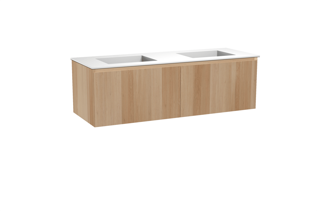 Balmani Idra zwevend badkamermeubel 150 x 55 cm natuur eik met Tablo Stretto dubbele wastafel in solid surface mat wit