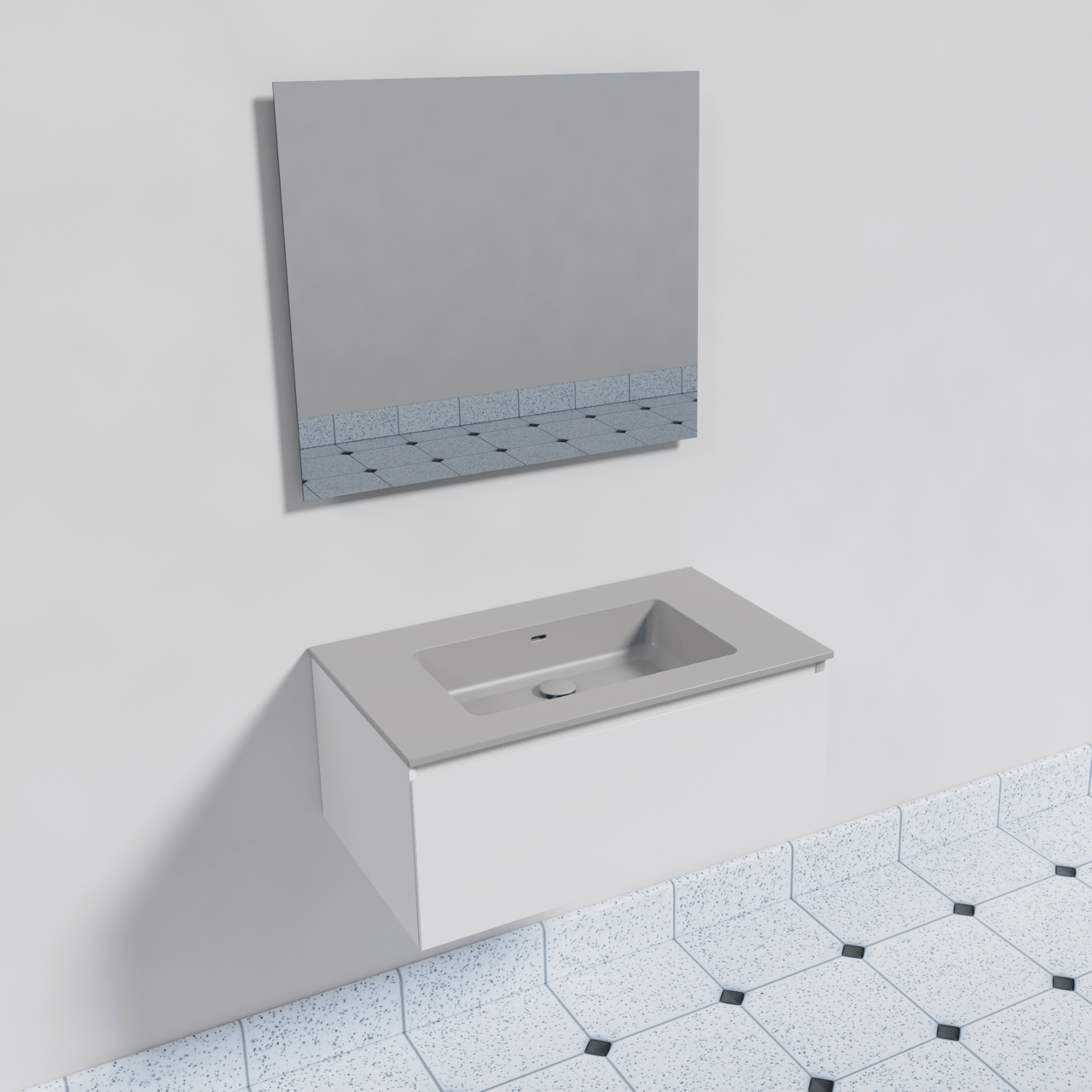 Storke Edge hängendes Möbelstück Set 85 x 52 cm Weiß matt mit Diva Einzelwaschtisch im Top Solid matt Seidengrau und Soto Badezimmerspiegel