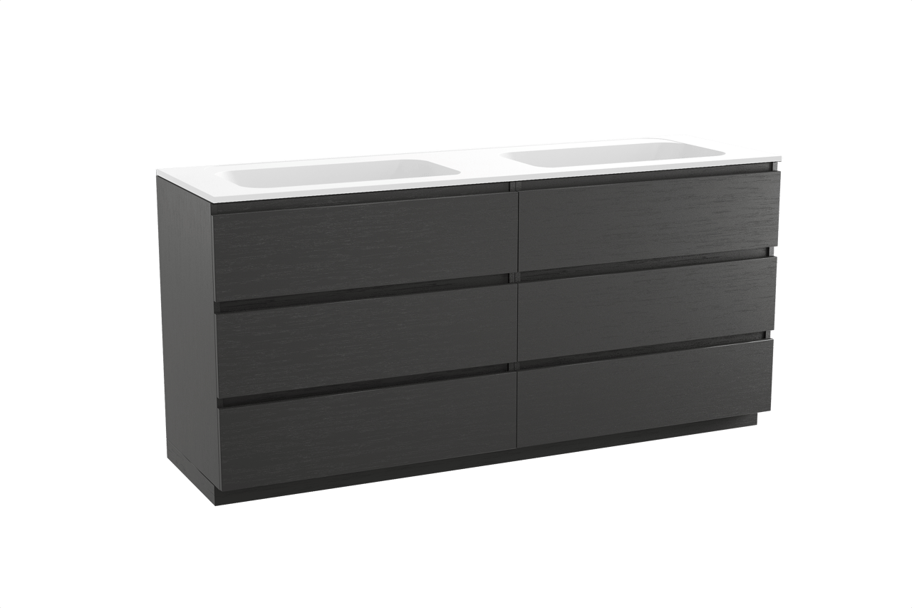 Balmani Lucida staand badkamermeubel 180 x 55 cm zwarte eik met Tablo Strada dubbele wastafel in composietmarmer mat wit