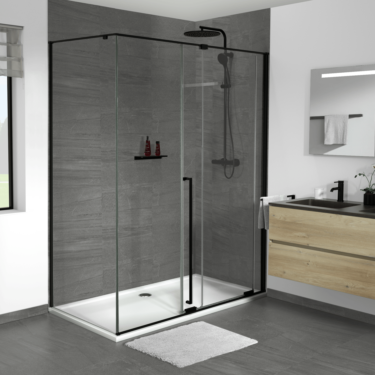 Luca Varess Stilus douchecabine met schuifdeur en vaste zijwand 160 x 90 cm helder glas mat zwart profiel