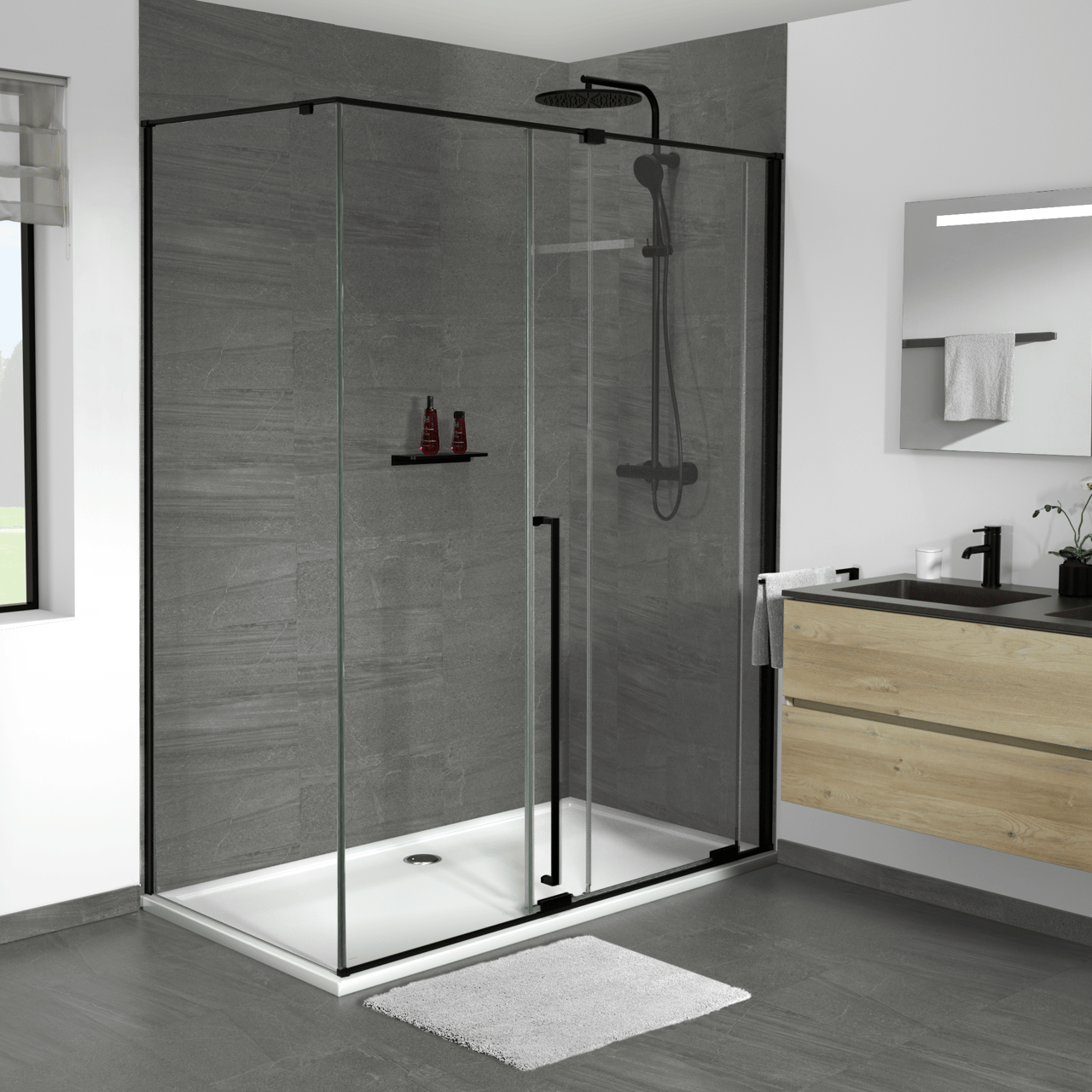 Luca Varess Stilus Eckdusche: Schiebetür, 160 x 90 cm, Klarglas, mattschwarzes Profil