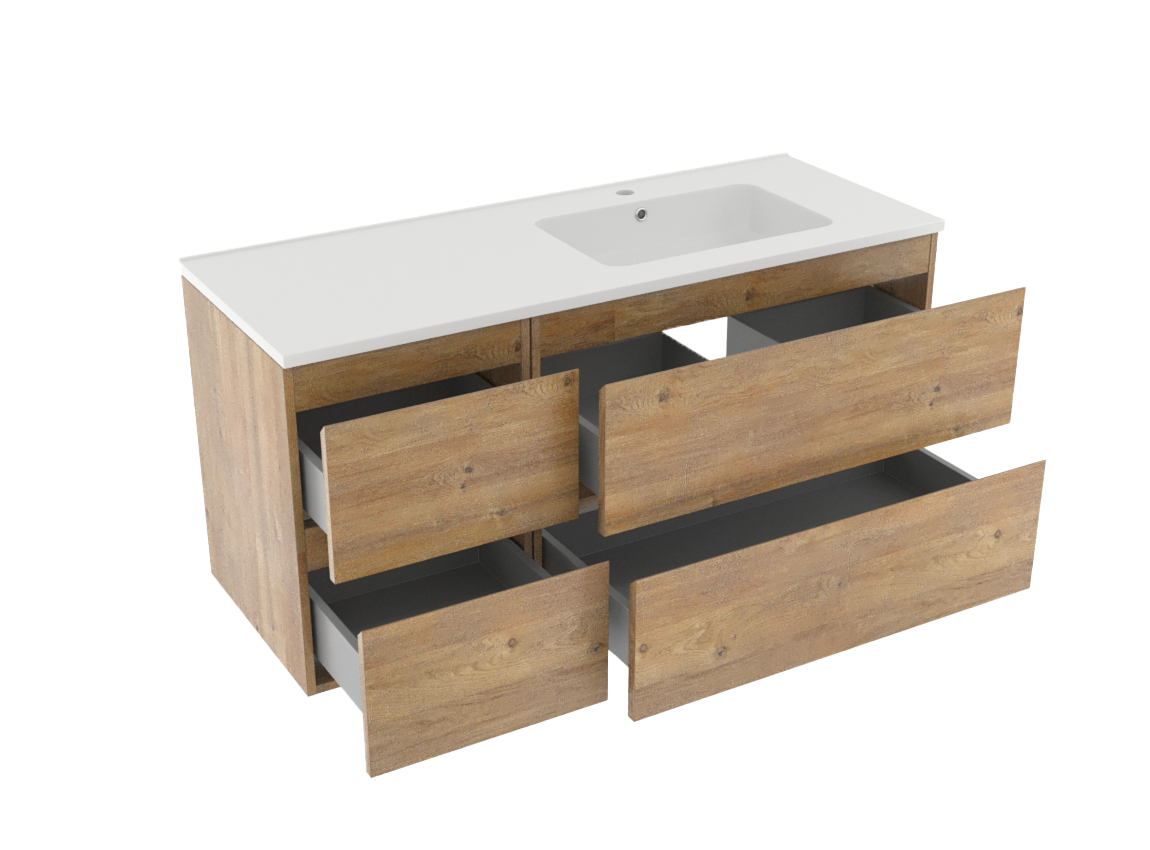 Linie Lado zwevend badkamermeubel 120 x 46 cm natuur eik met Vano asymmetrisch rechtse wastafel in composietmarmer mat wit