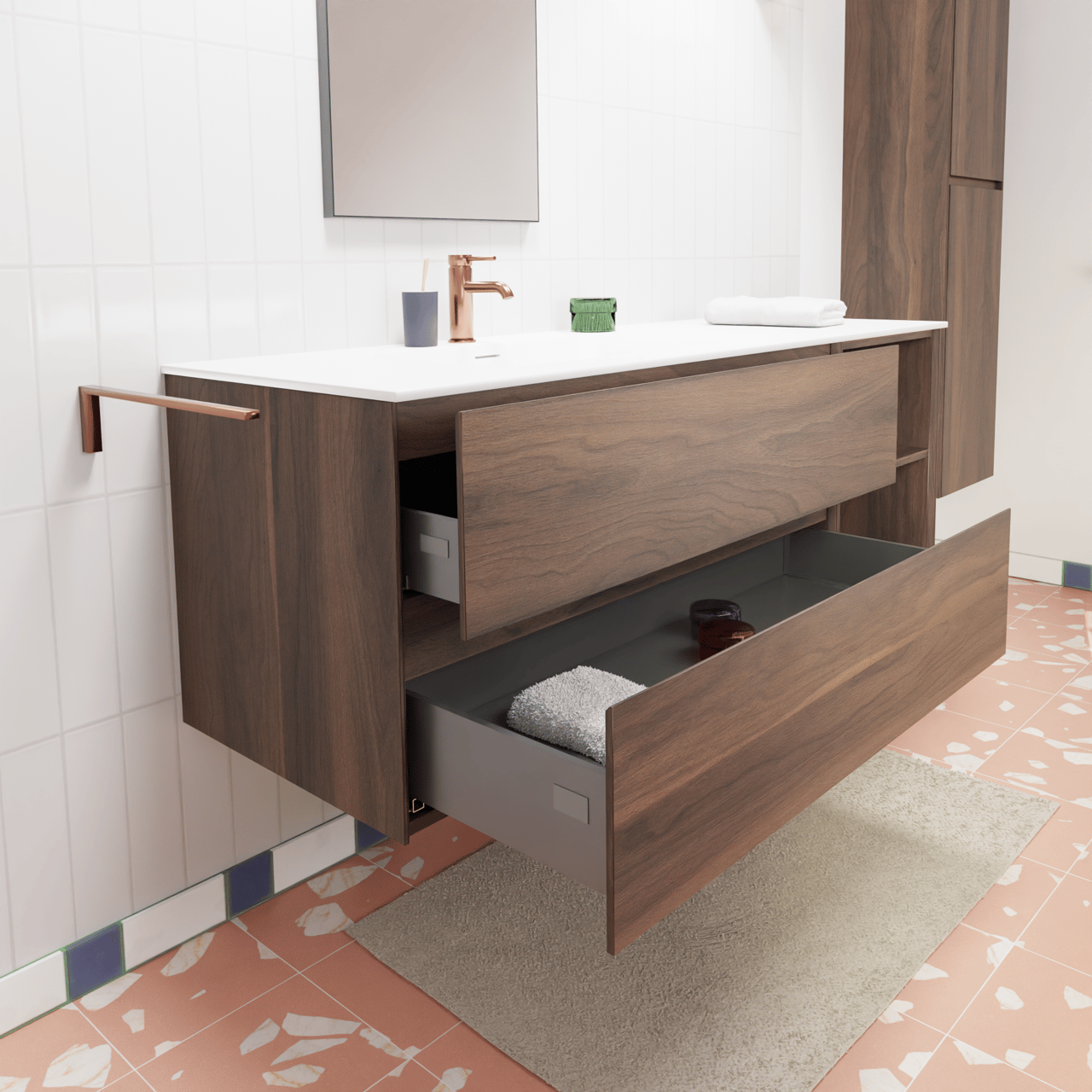 Storke Edge hängendes Möbelstück Set: 150 x 52 cm, Nussbaum, mit Mata Waschtisch links, Solid Surface Weiß matt