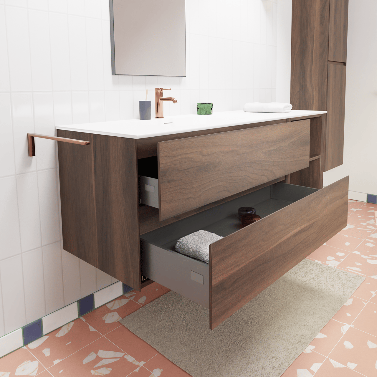 Storke Edge hängendes Möbelstück Set: 150 x 52 cm, Nussbaum, mit Mata Waschtisch links, Solid Surface Weiß matt