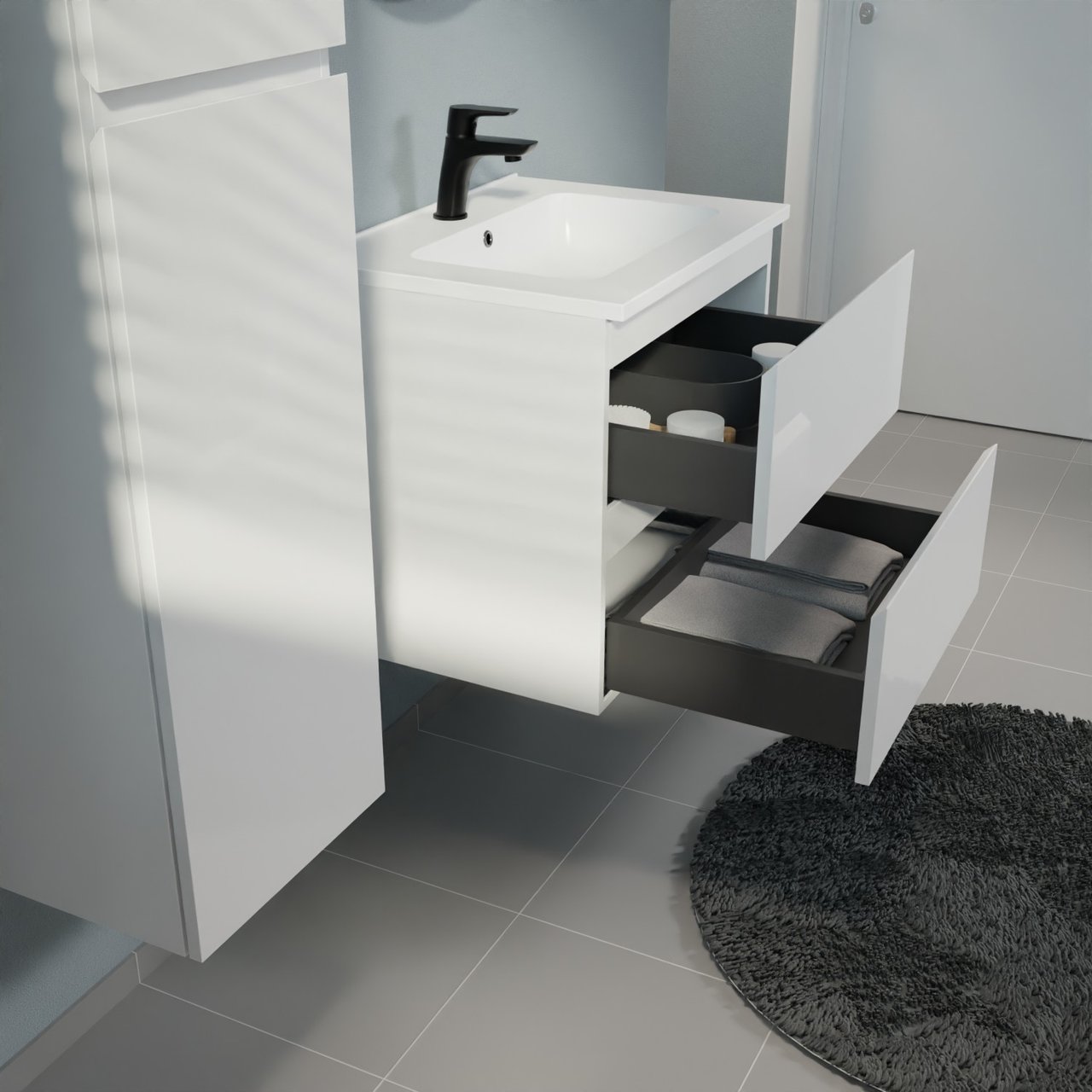 Linie Lado meuble salle de bains suspendu 60 x 46 cm blanc brillant avec Vano plan simple en marbre composite blanc mat